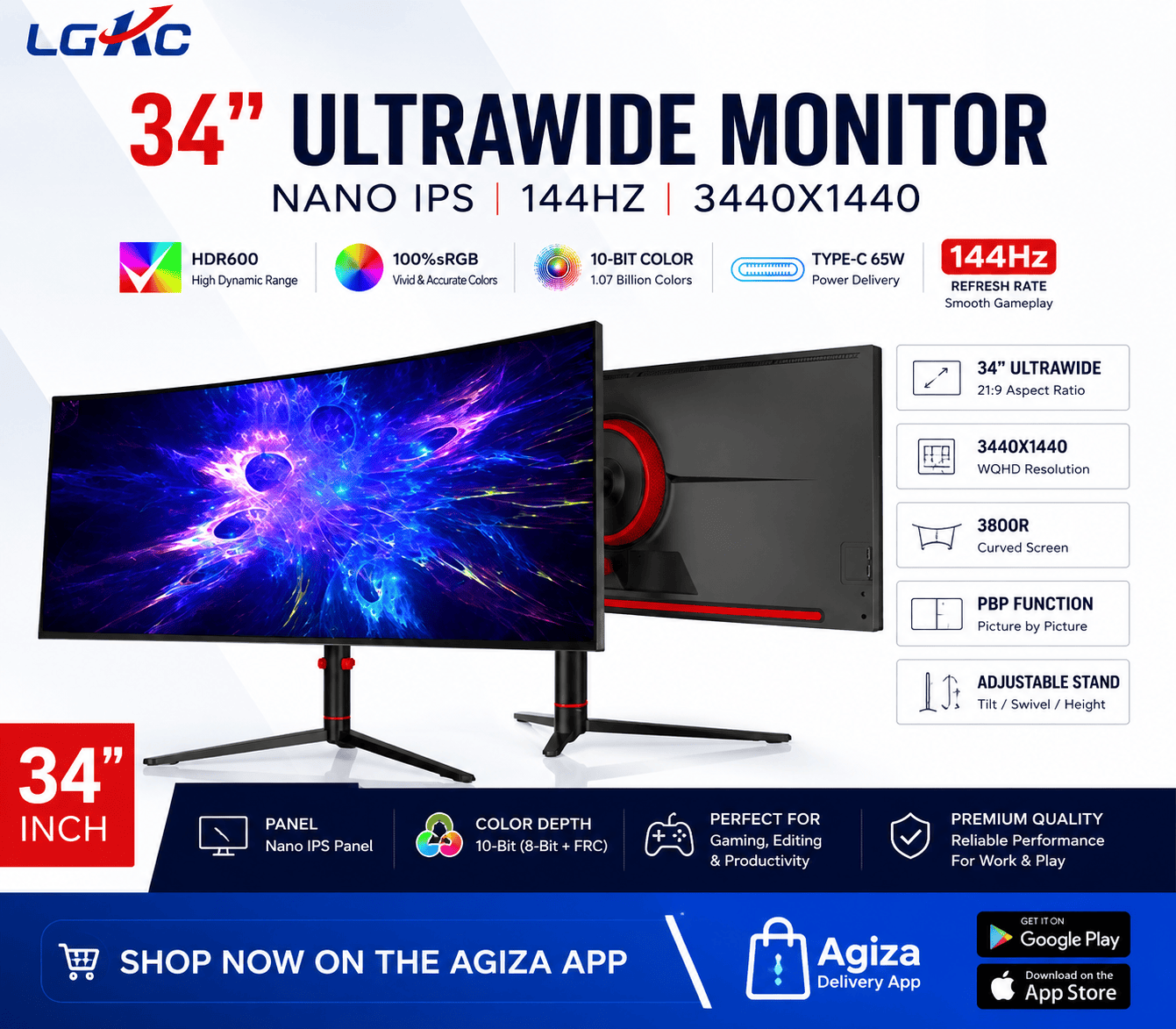 34" 3k (3440x1440) monitor with 144hz ops display 100% sRGB 2 Delta