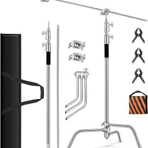 C stand with boom stand Professional 10.5ft/320cm Photography Light Stand with 4.2ft/128cm Holding Arm, 2 Grip Head for Studio Monolight, Softbox, Reflector
